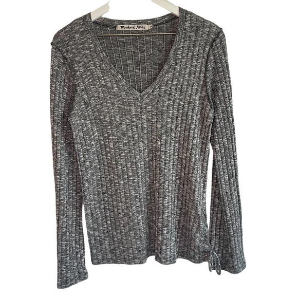 Michael Stars Ribbed V-Neck Sweater w/ Lace-Up Side, One Size - Picture 1 of 5